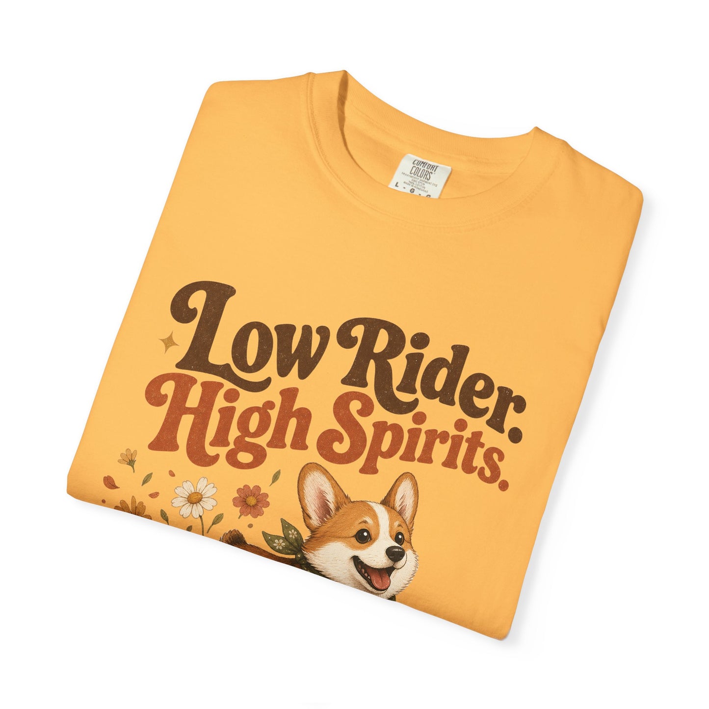 Low Rider High Spirits Corgi T-Shirt | Running Corgi Illustration, Autumn Leaves