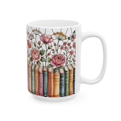 Floral Bookshelf Illustration Mug | Ceramic Book Lover Coffee Cup Stained Glass Effect
