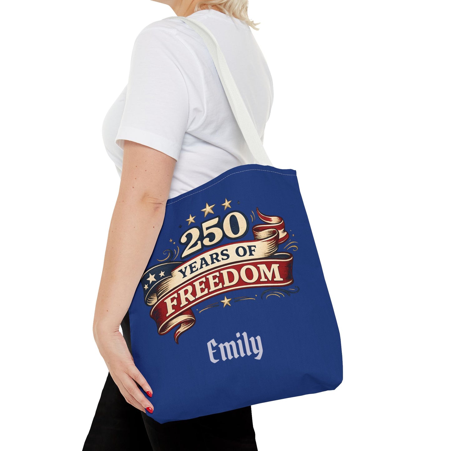 250 Years of Freedom Tote Bag | Patriotic Flag Ribbon Design
