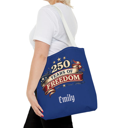 250 Years of Freedom Tote Bag | Patriotic Flag Ribbon Design