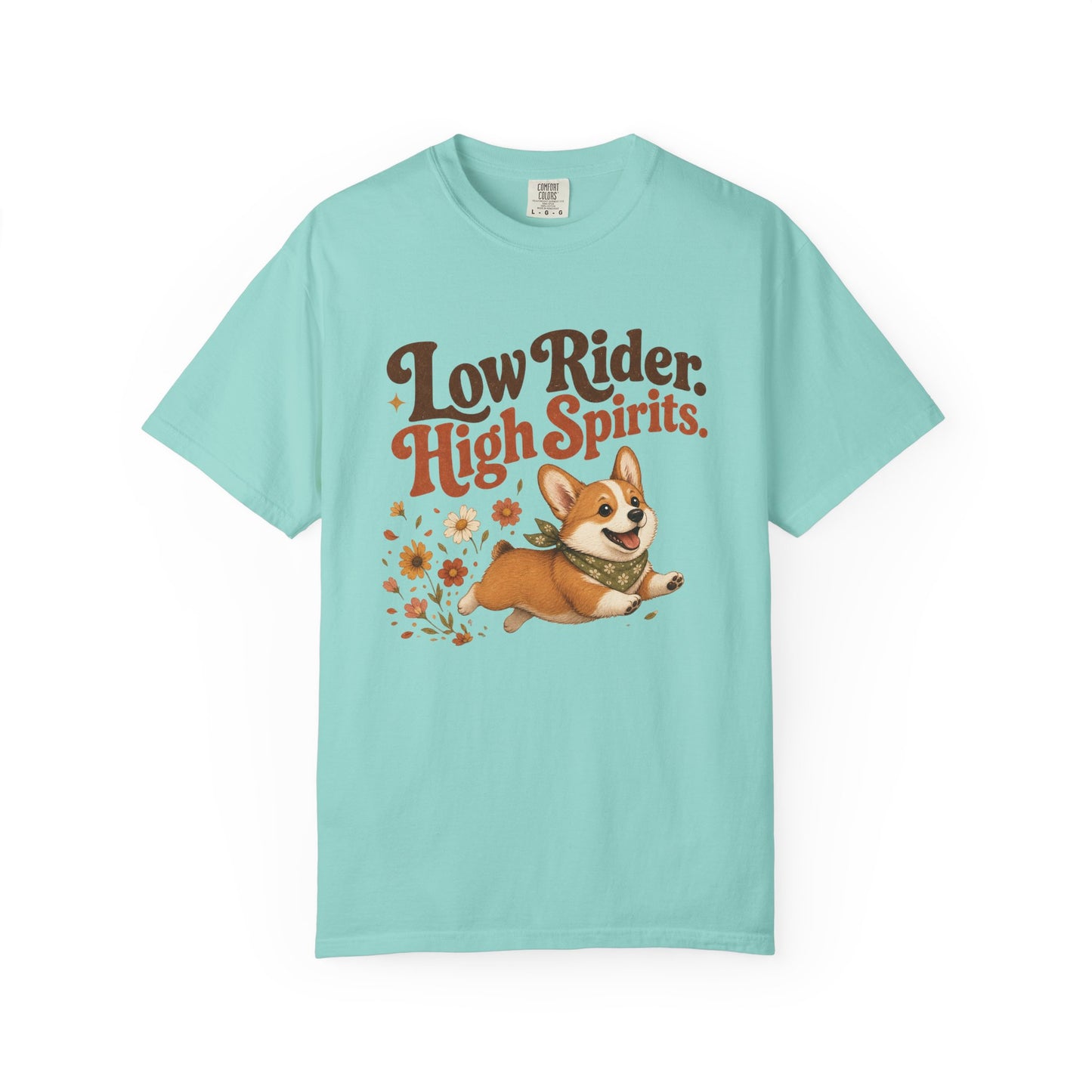 Low Rider High Spirits Corgi T-Shirt | Running Corgi Illustration, Autumn Leaves