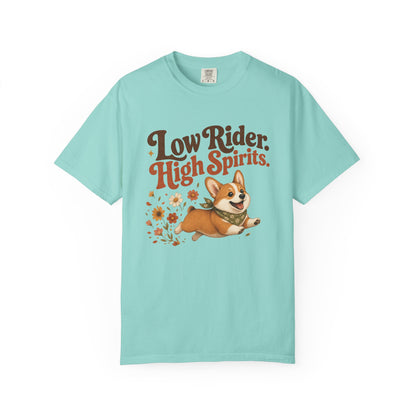 Low Rider High Spirits Corgi T-Shirt | Running Corgi Illustration, Autumn Leaves