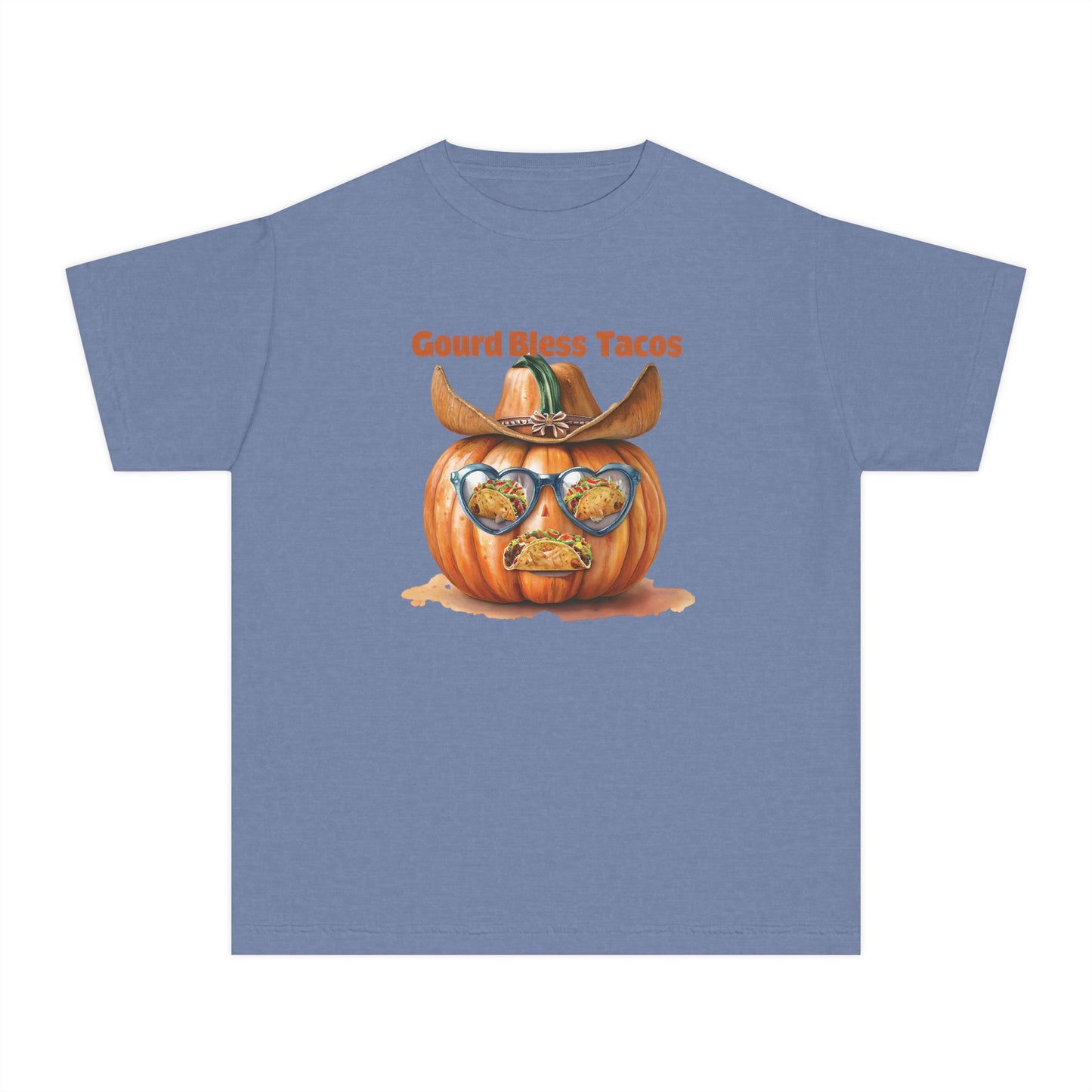 Whimsical Fall Youth Tee - Gourd Bless Tacos, Halloween Shirt, Kids Autumn Apparel, Thanksgiving Humor Top, Funny Seasonal Gift