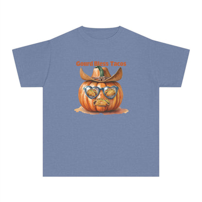 Whimsical Fall Youth Tee - Gourd Bless Tacos, Halloween Shirt, Kids Autumn Apparel, Thanksgiving Humor Top, Funny Seasonal Gift