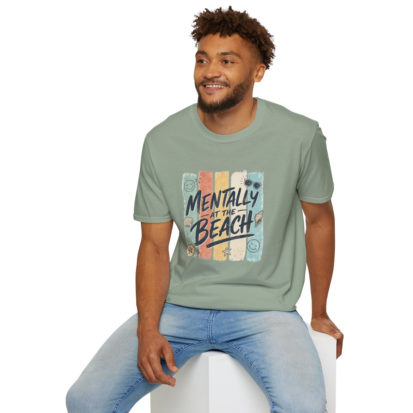 Mentally at the Beach T-Shirt | Retro Stripes, Sunglasses & Seashells