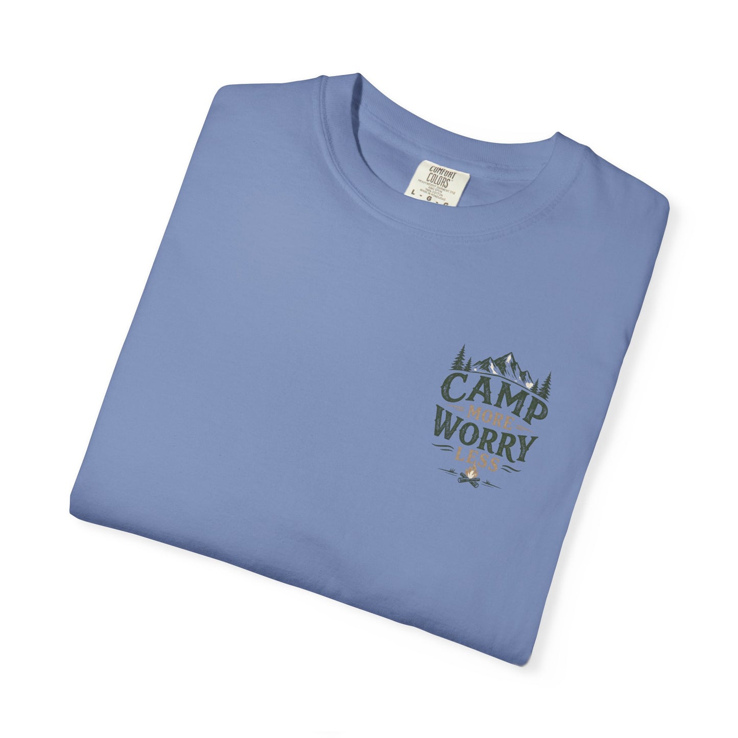 Camp More Worry Less T-shirt | Camping Mountains Pine Trees Design