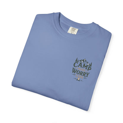 Camp More Worry Less T-shirt | Camping Mountains Pine Trees Design