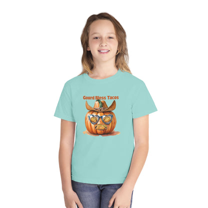 Whimsical Fall Youth Tee - Gourd Bless Tacos, Halloween Shirt, Kids Autumn Apparel, Thanksgiving Humor Top, Funny Seasonal Gift