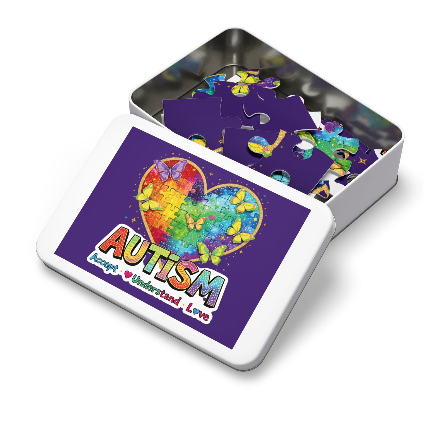 Autism Accept Understand Love Jigsaw Puzzle with Tin | Rainbow Heart Butterflies