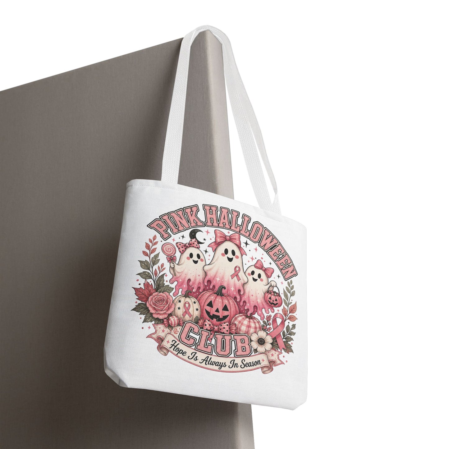 Breast Cancer Awareness Pink Halloween Club ghost trio tote bag | spooky floral pumpkin design
