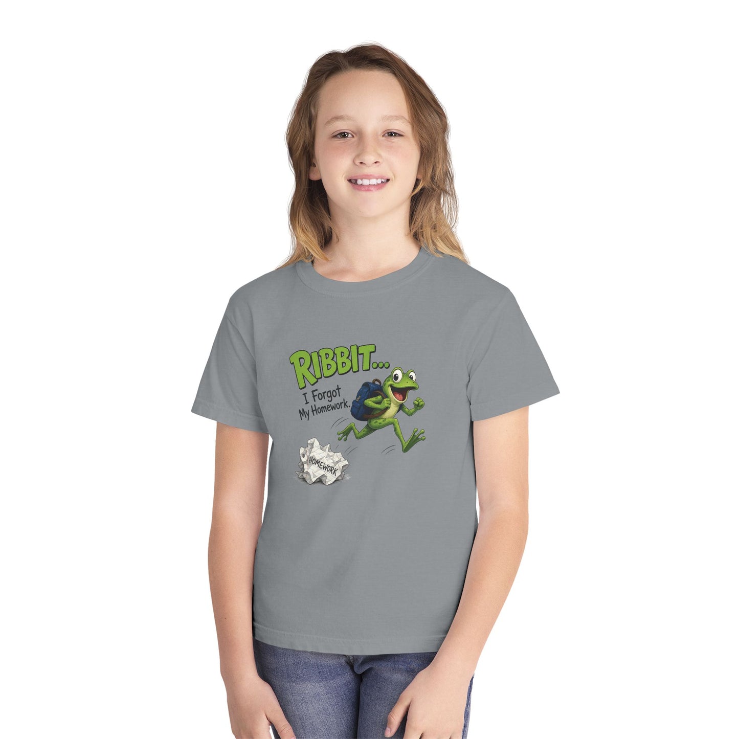 Ribbit Frog Character Youth Tee | Funny Forgot My Homework Design