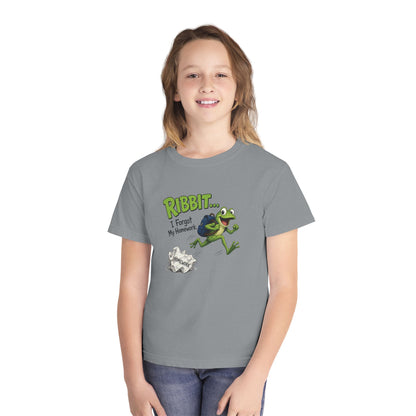 Ribbit Frog Character Youth Tee | Funny Forgot My Homework Design