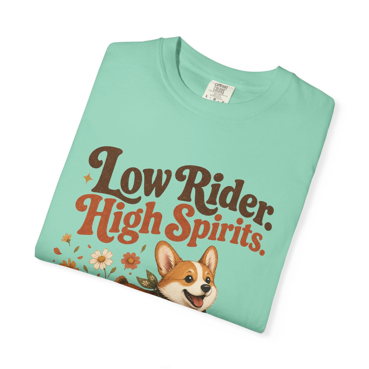 Low Rider High Spirits Corgi T-Shirt | Running Corgi Illustration, Autumn Leaves