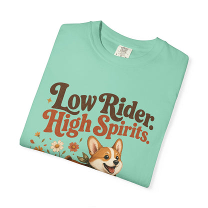 Low Rider High Spirits Corgi T-Shirt | Running Corgi Illustration, Autumn Leaves