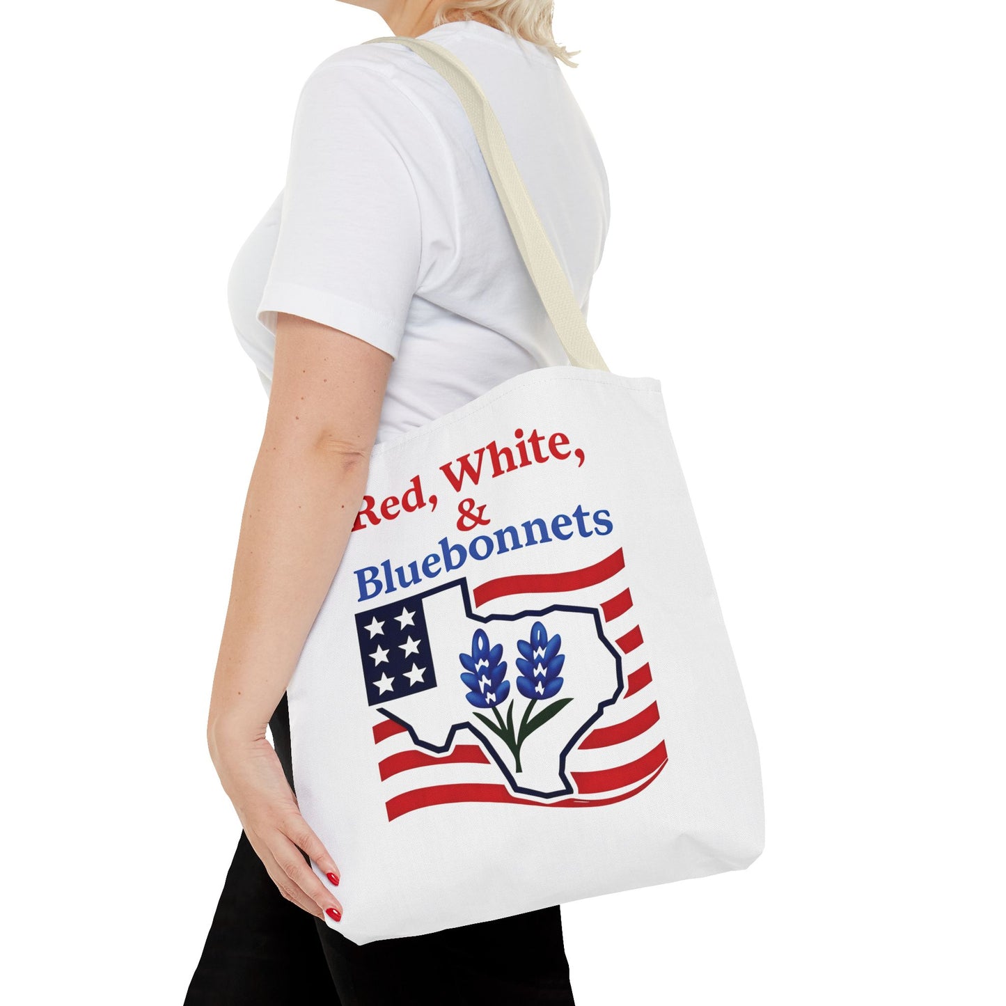 Texas Patriot Tote Bag, Red White and Bluebonnets, Independence Day Accessory, Summer Travel Bag, Gift for Texans, Stylish Grocery Tote