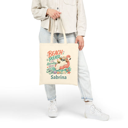 Beach Please Ghost Flamingo Tote Bag | Summer Beach Illustration, Personalized Option