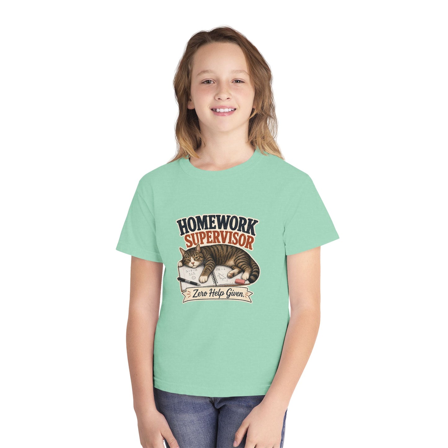 Homework Supervisor Cat Youth Tee | "Zero Help Given" retro kitten design