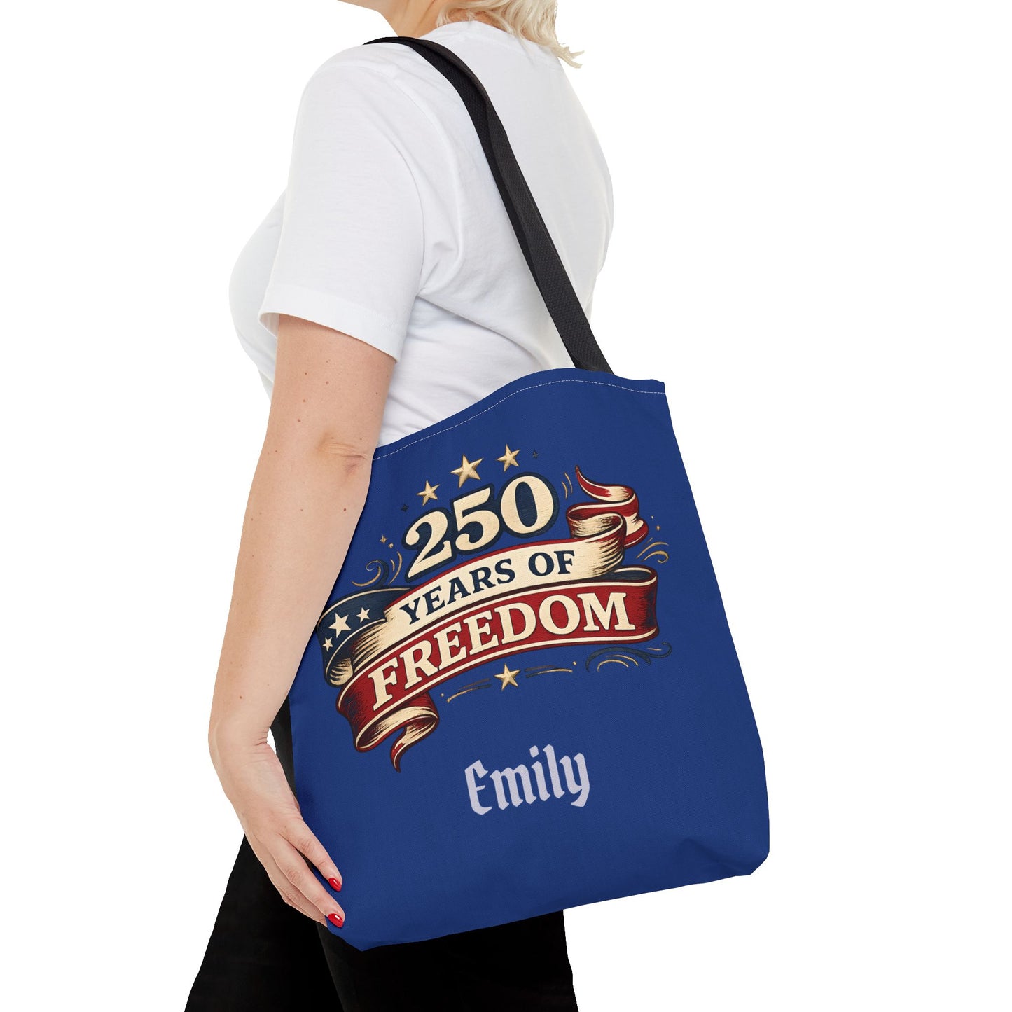 250 Years of Freedom Tote Bag | Patriotic Flag Ribbon Design