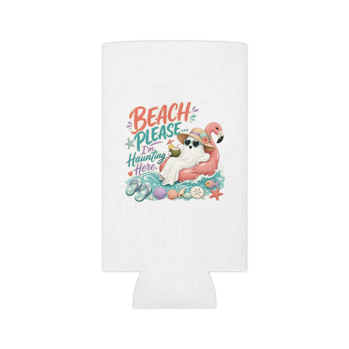 Beach Please Ghost Flamingo Can Cooler | Summer Beach Drink Sleeve