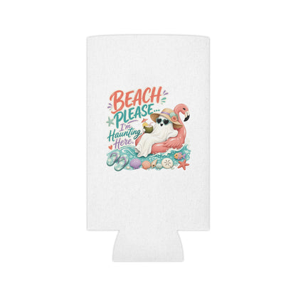 Beach Please Ghost Flamingo Can Cooler | Summer Beach Drink Sleeve