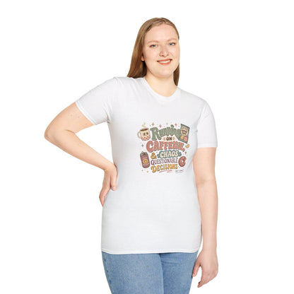 Running on Caffeine & Chaos T-Shirt | Coffee Mug Donut Illustration
