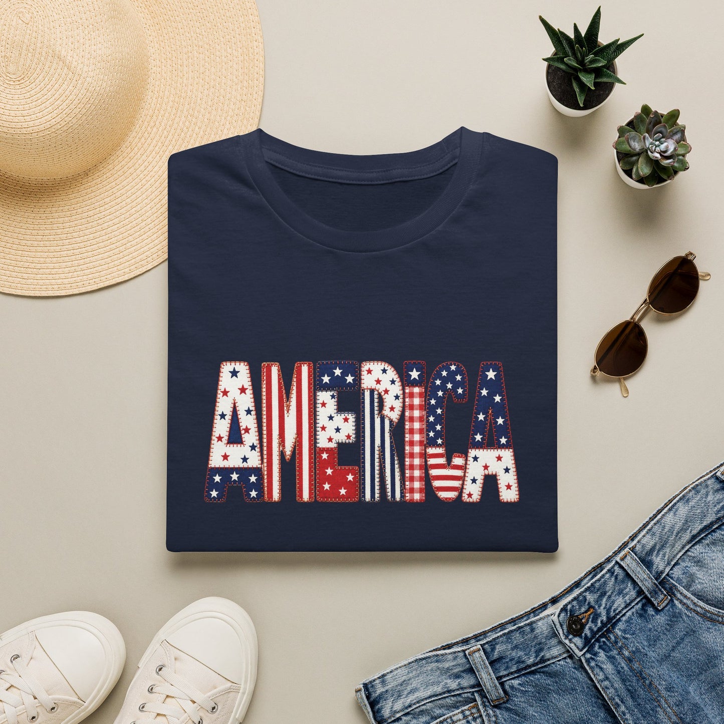 American Flag Patchwork Style Letters T-Shirt | Patriotic Fourth of July Tee
