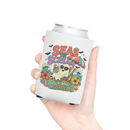 Seas the Scream ghost beach scene Can Cooler | Beach Mode Activated, Tropical Flowers