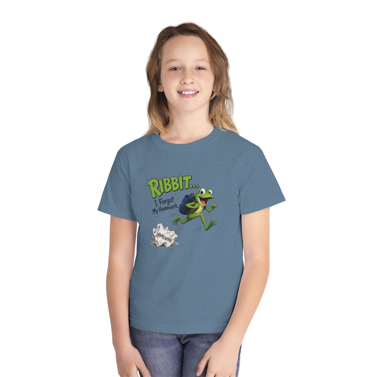 Ribbit Frog Character Youth Tee | Funny Forgot My Homework Design