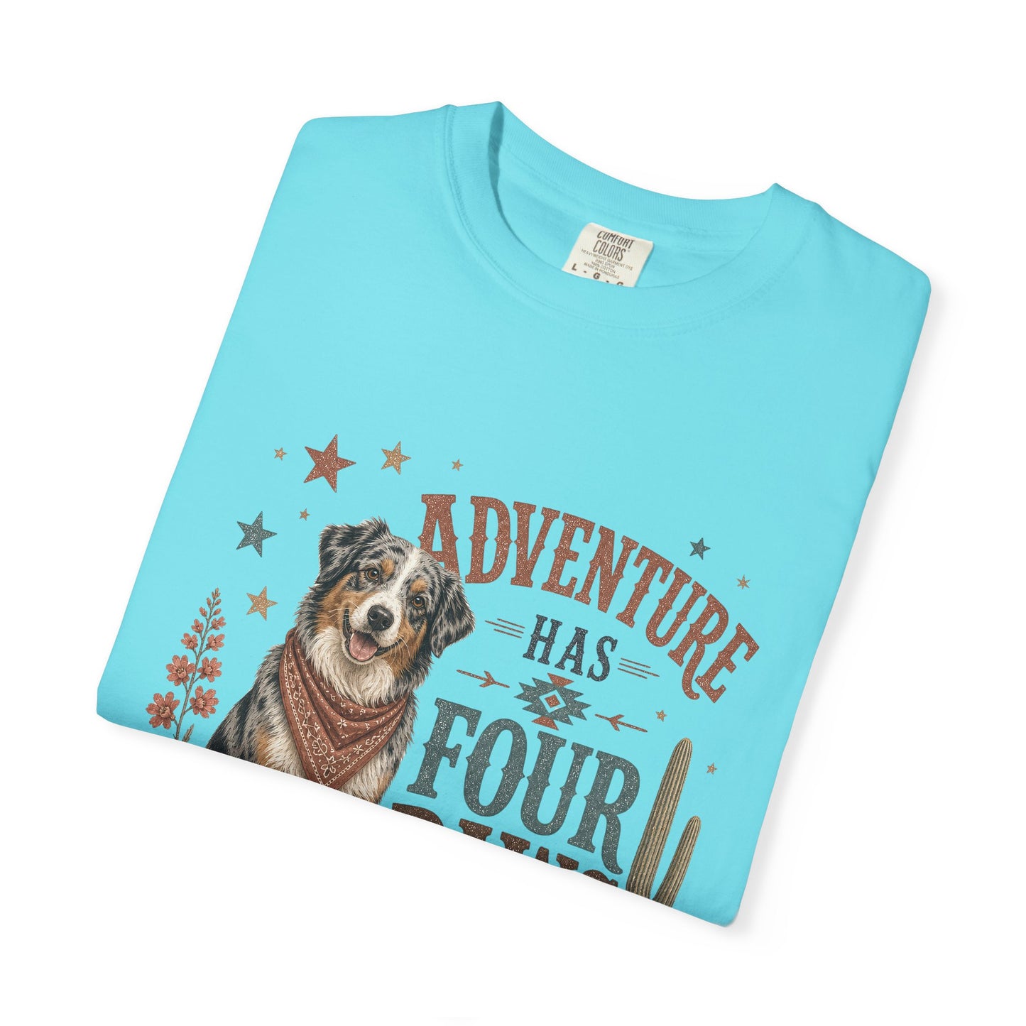 Adventure Has Four Paws T-Shirt | Australian Shepherd Design