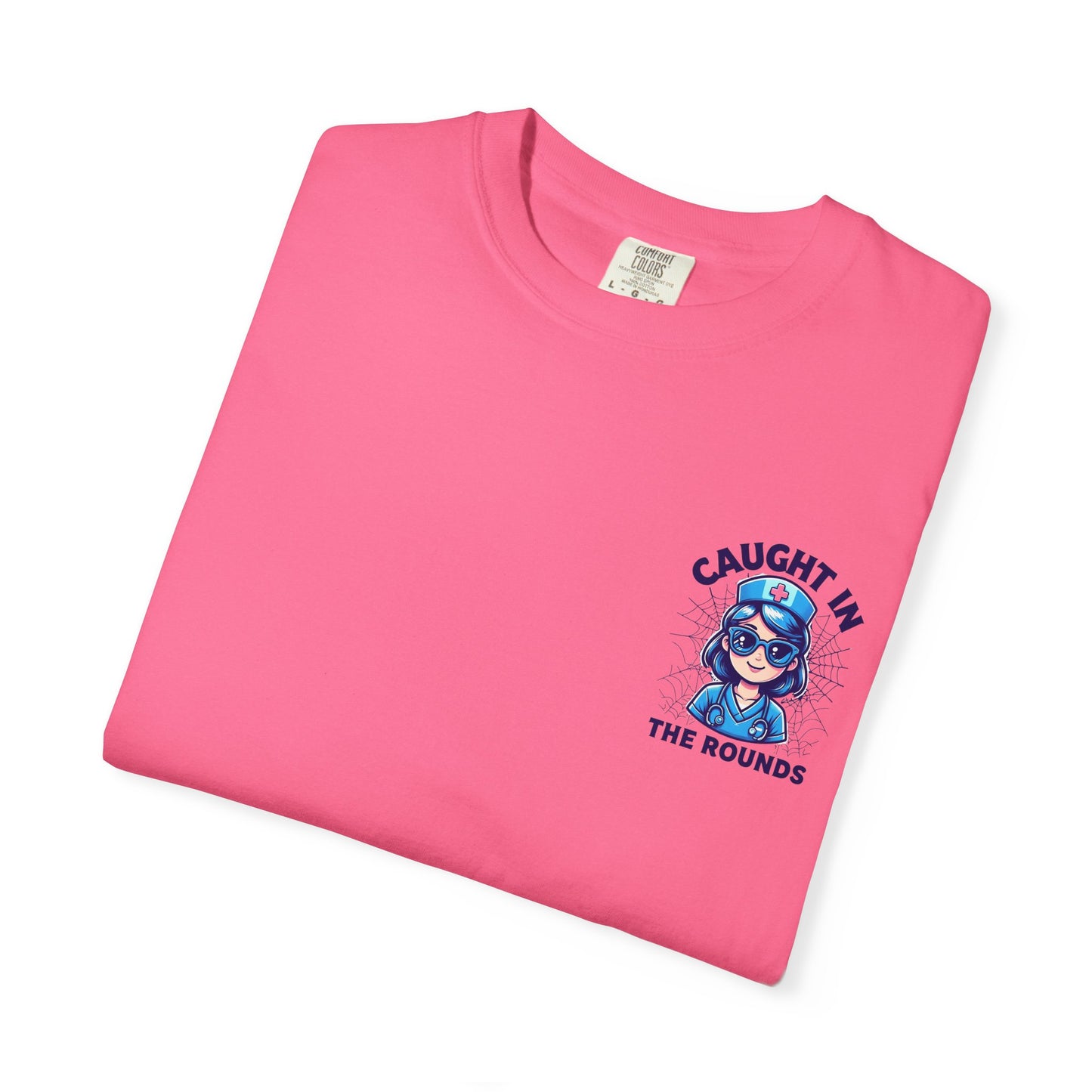 Unisex Graphic Tee - 'Caught in the Rounds', Casual Wear, Gift for Friends, Comfortable Everyday Tee, Fun Summer Shirt, Halloween Nurse