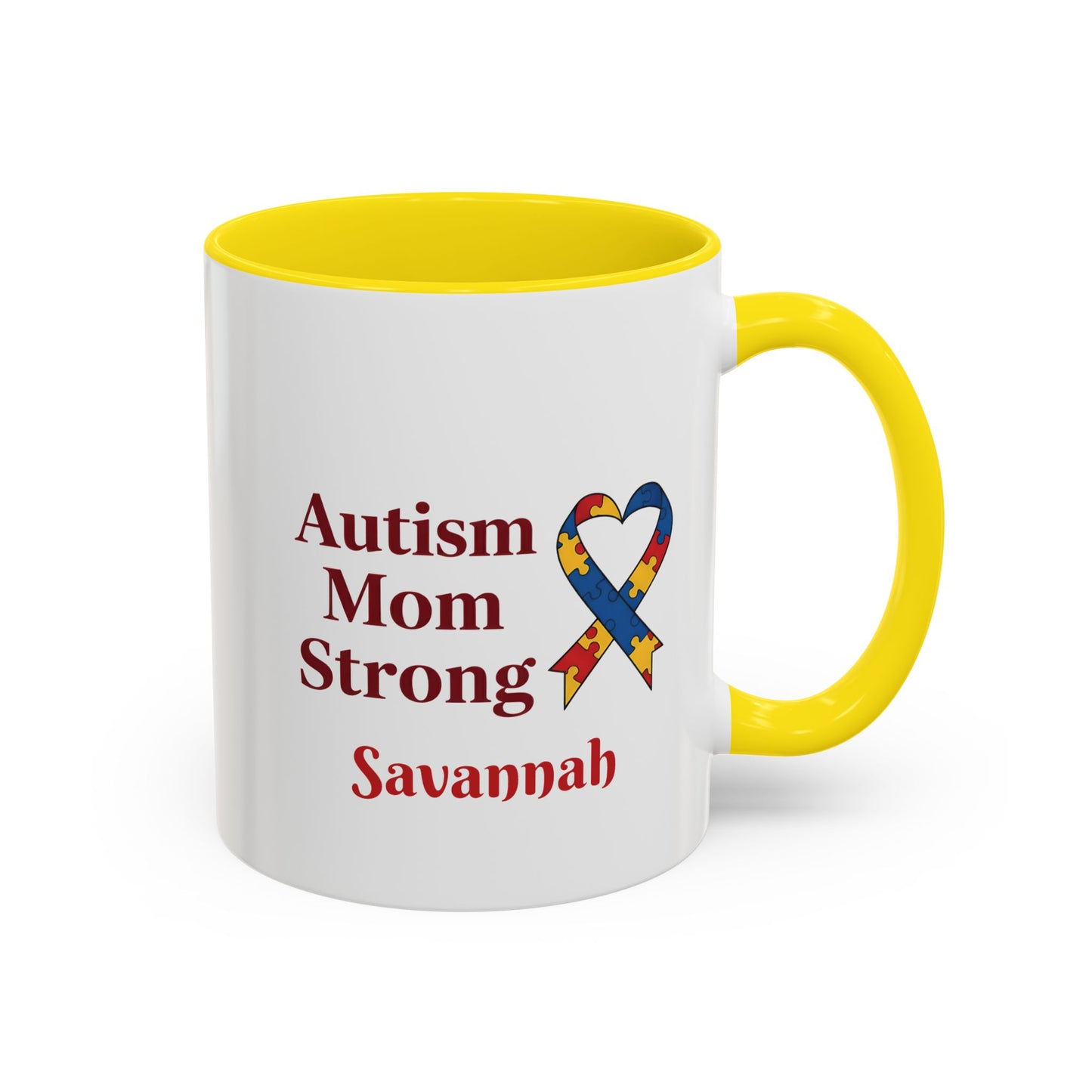 Autism Mom Strong mug | Accent Coffee Mug with Puzzle Ribbon