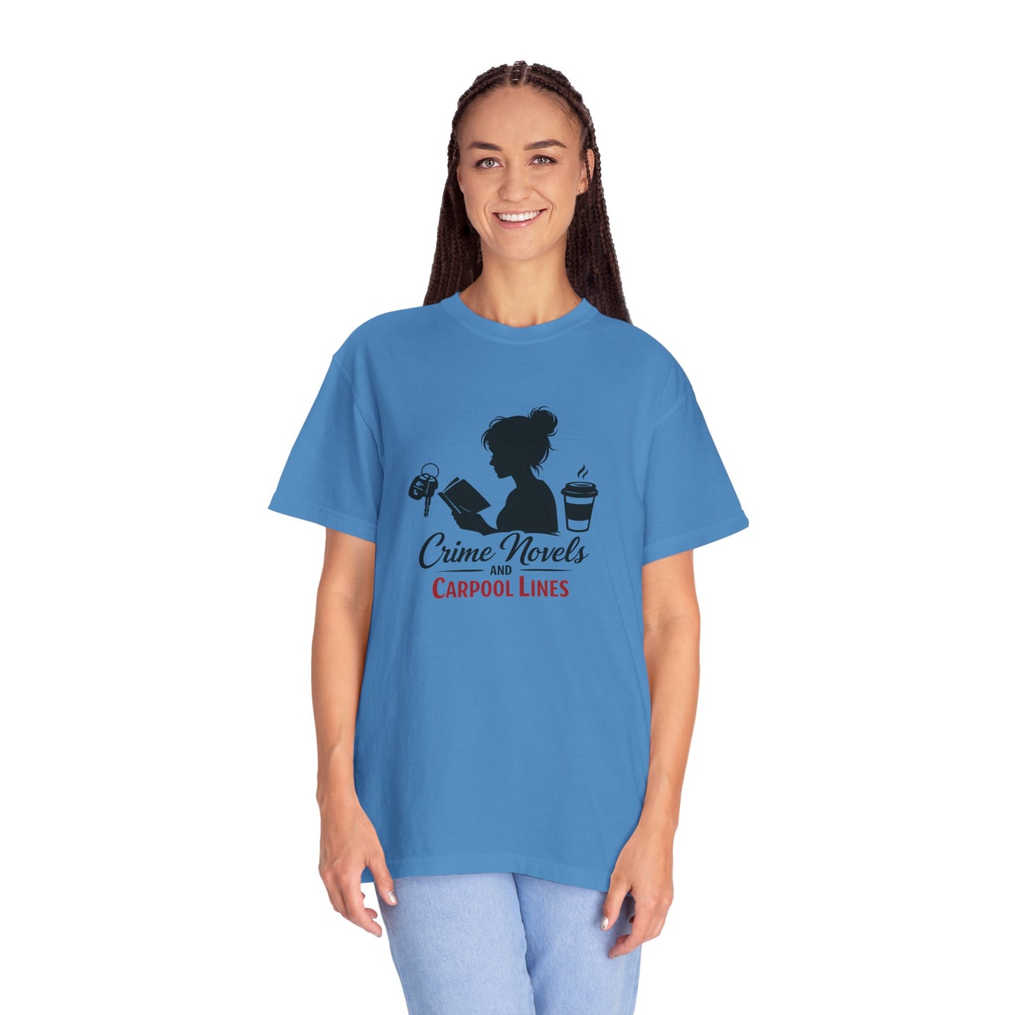Crime Novels and Carpool Lines T-shirt | Reading Mom Silhouette, Coffee Graphic