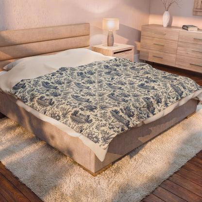 French Harvest Toile Landscape Velveteen Plush Blanket | Vintage Cottage Pattern