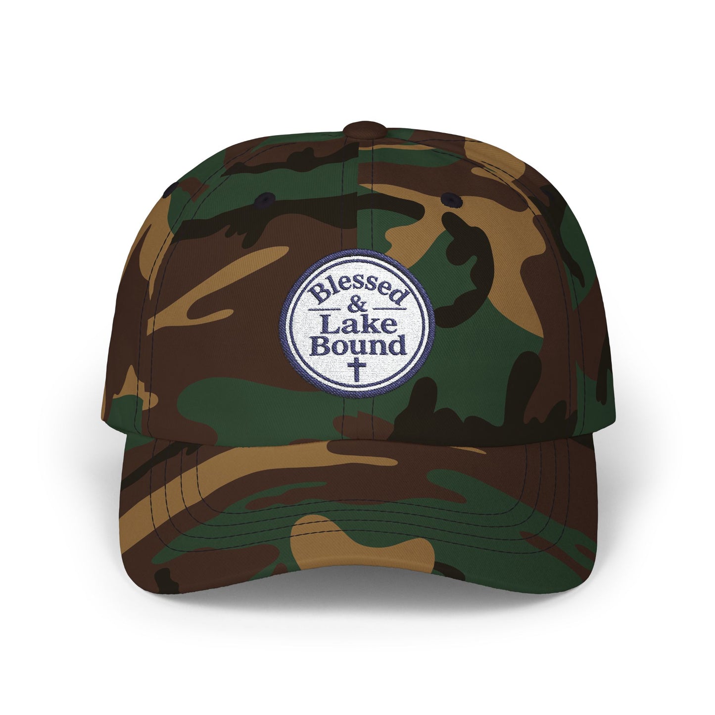 Blessed & Lake Bound Dad Cap | Embroidered Circle Logo, White Baseball Hat