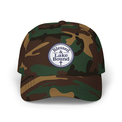 Blessed & Lake Bound Dad Cap | Embroidered Circle Logo, White Baseball Hat