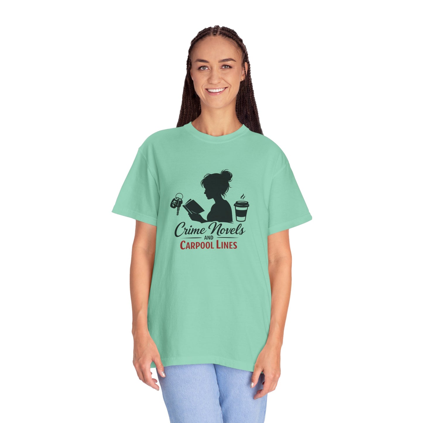 Crime Novels and Carpool Lines T-shirt | Reading Mom Silhouette, Coffee Graphic