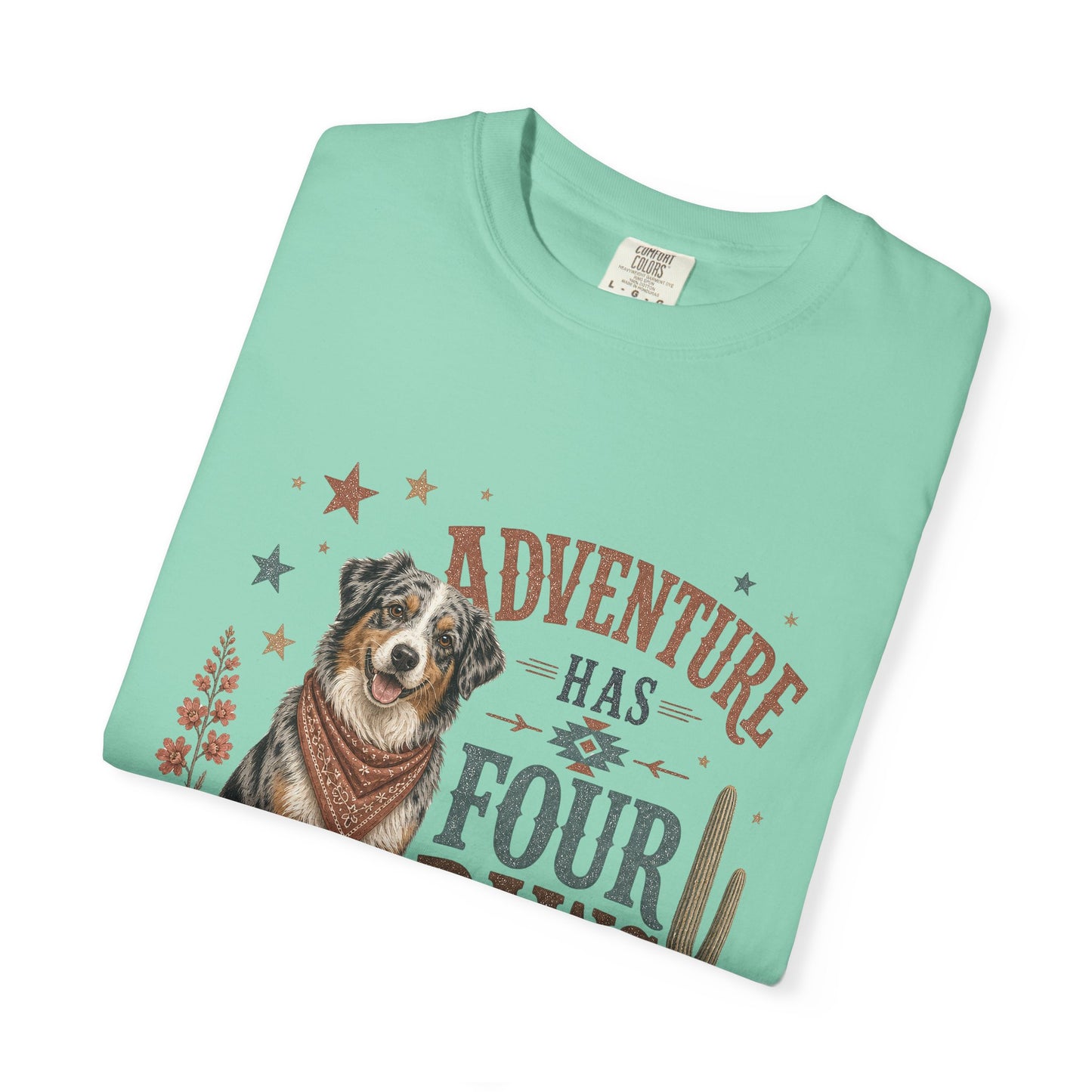 Adventure Has Four Paws T-Shirt | Australian Shepherd Design