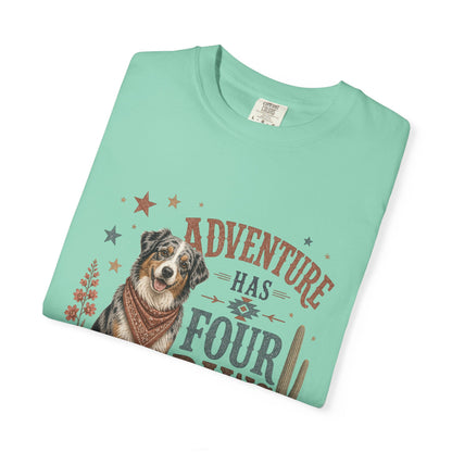 Adventure Has Four Paws T-Shirt | Australian Shepherd Design
