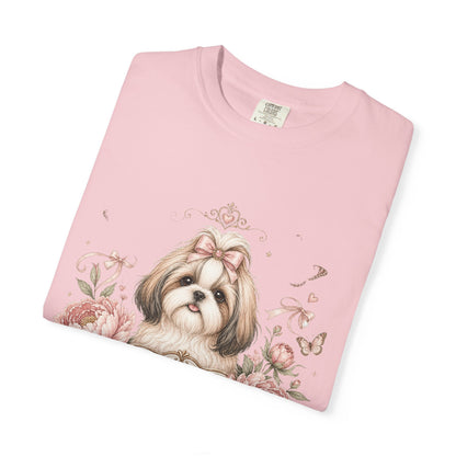 Shih Tzu Floral Portrait T-Shirt | Tiny Floof Illustration, Pink Roses