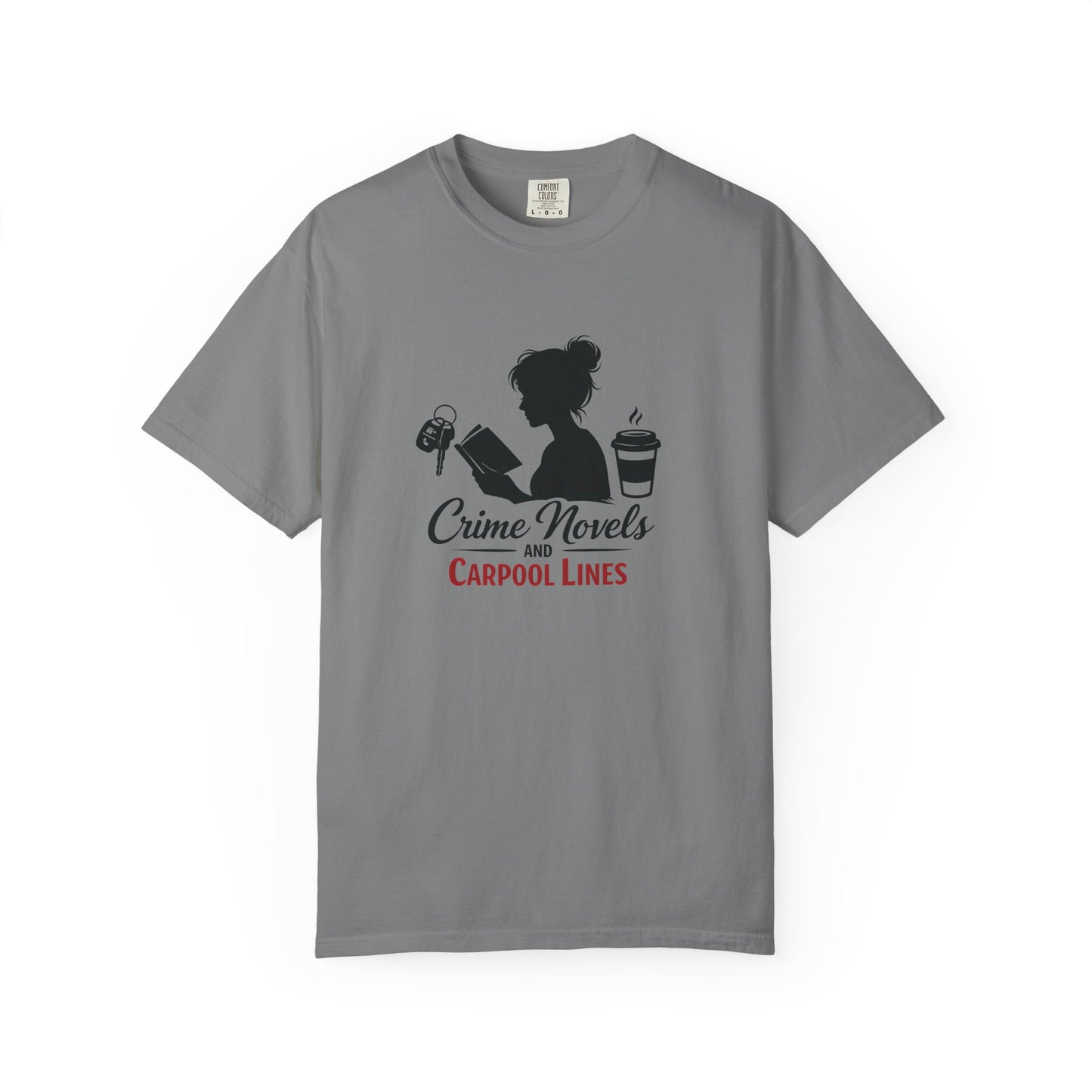 Crime Novels and Carpool Lines T-shirt | Reading Mom Silhouette, Coffee Graphic