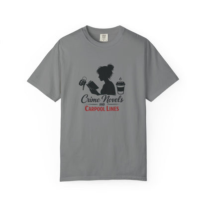 Crime Novels and Carpool Lines T-shirt | Reading Mom Silhouette, Coffee Graphic