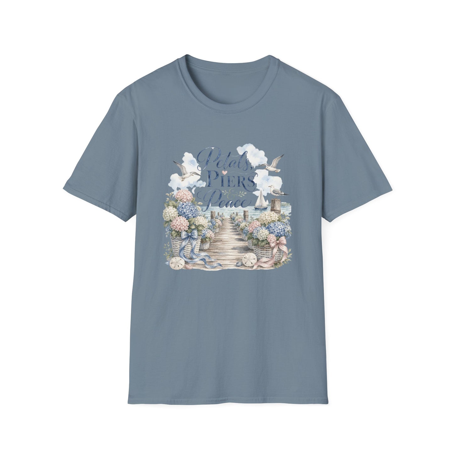 Petals Piers Peace T-Shirt | Coastal Lighthouse Floral Seagulls Design