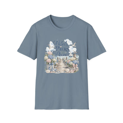 Petals Piers Peace T-Shirt | Coastal Lighthouse Floral Seagulls Design