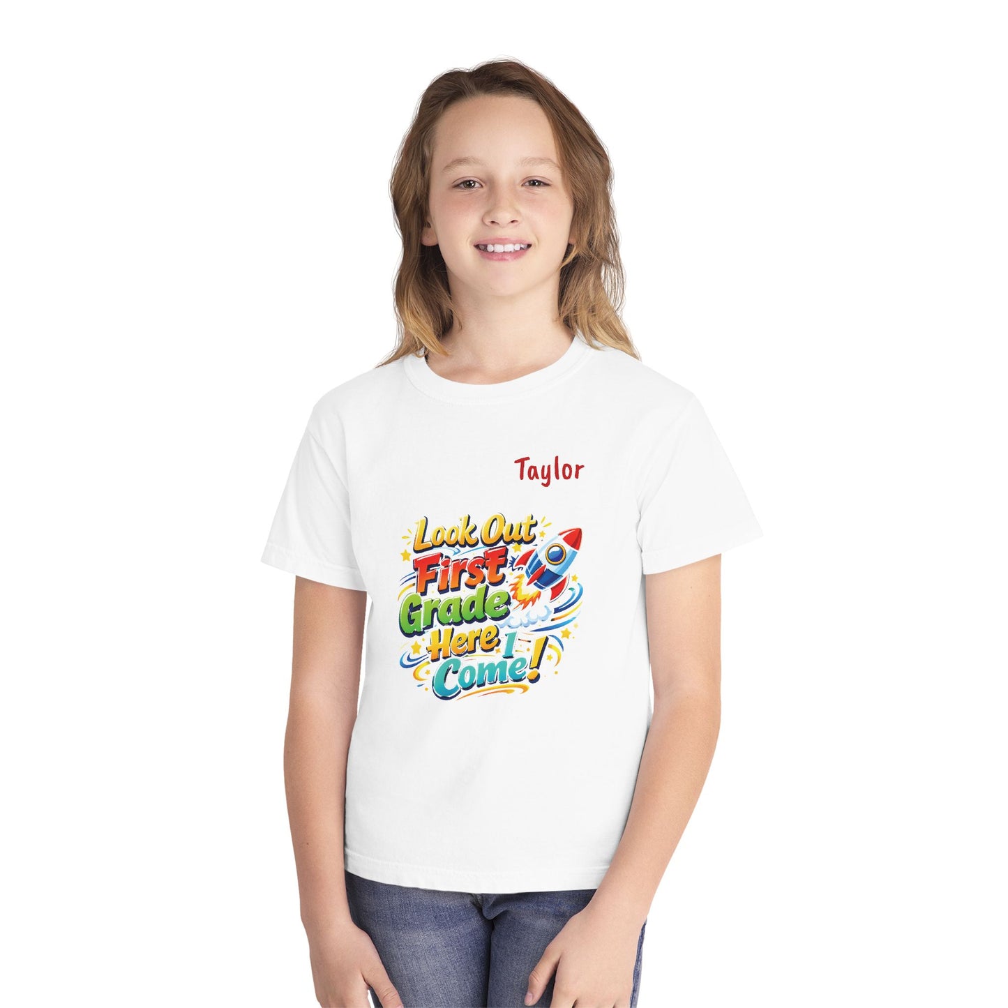 First Grade Here I Come Youth Tee | Rocket Back to School Shirt