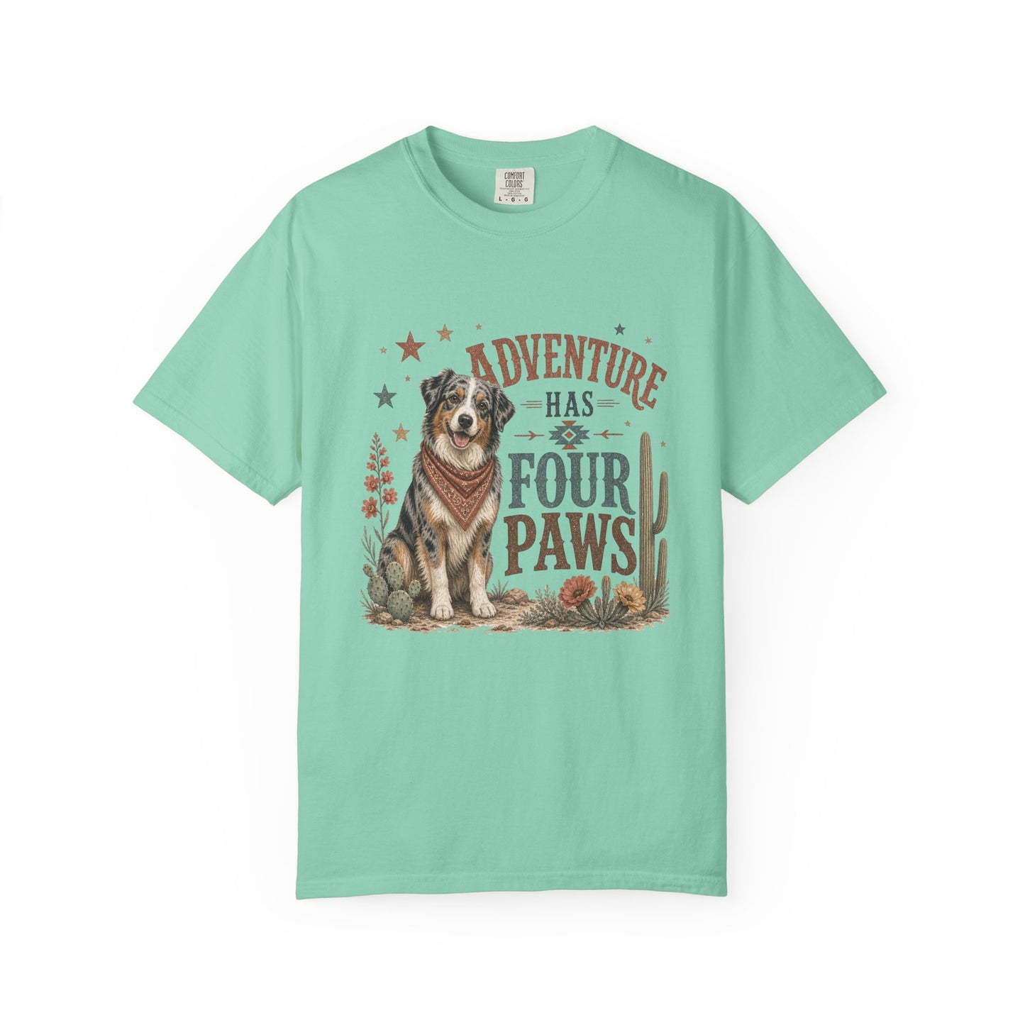 Adventure Has Four Paws T-Shirt | Australian Shepherd Design
