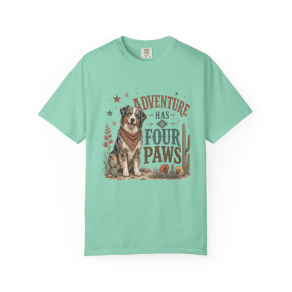 Adventure Has Four Paws T-Shirt | Australian Shepherd Design