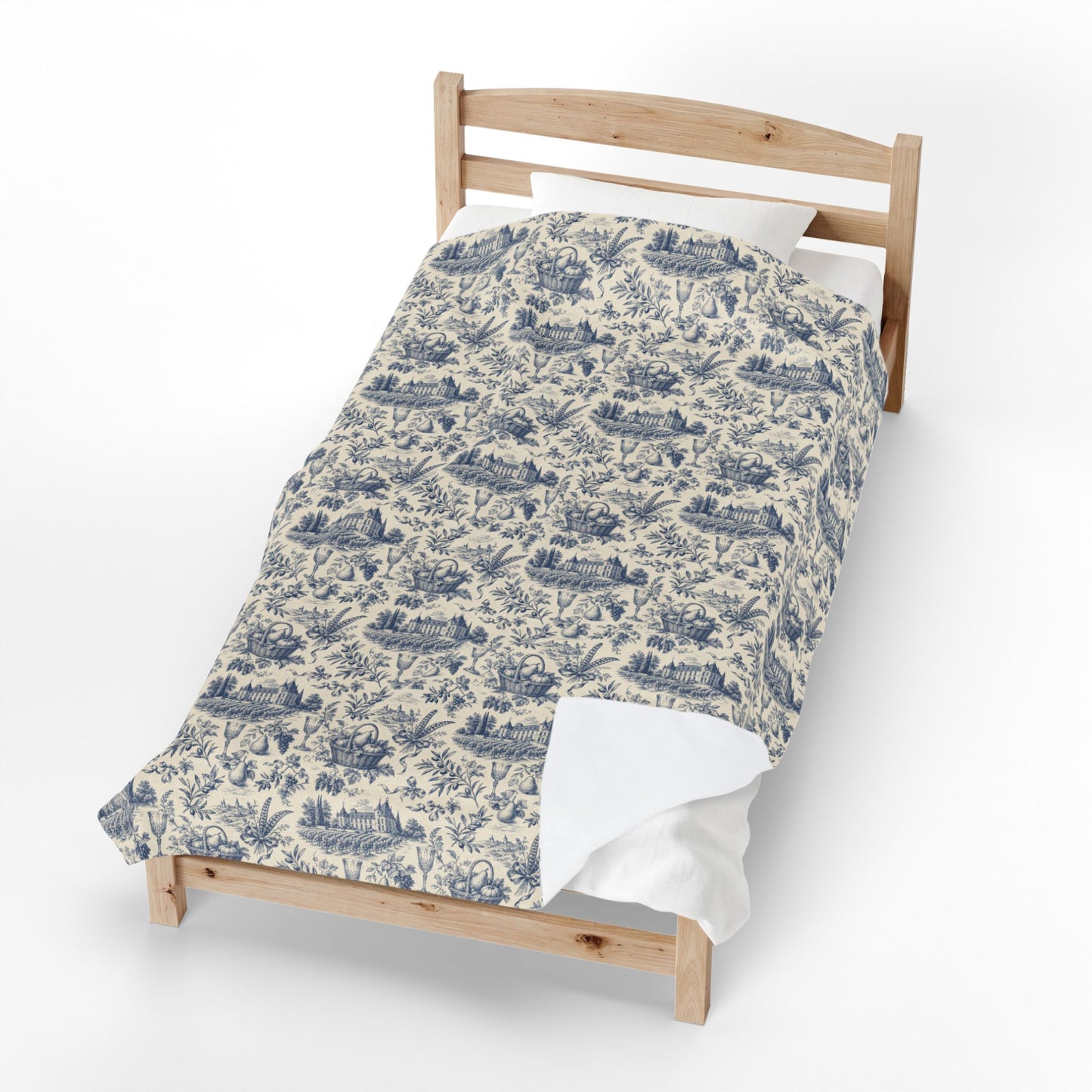 French Harvest Toile Landscape Velveteen Plush Blanket | Vintage Cottage Pattern