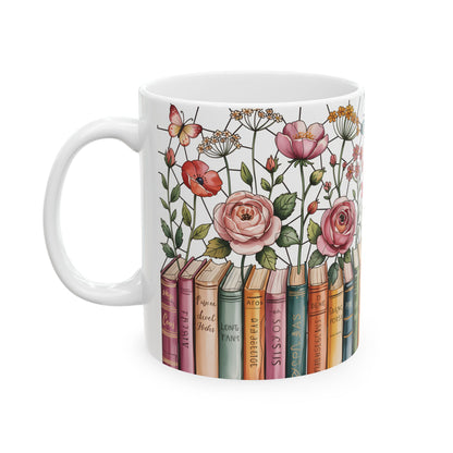 Floral Bookshelf Illustration Mug | Ceramic Book Lover Coffee Cup Stained Glass Effect
