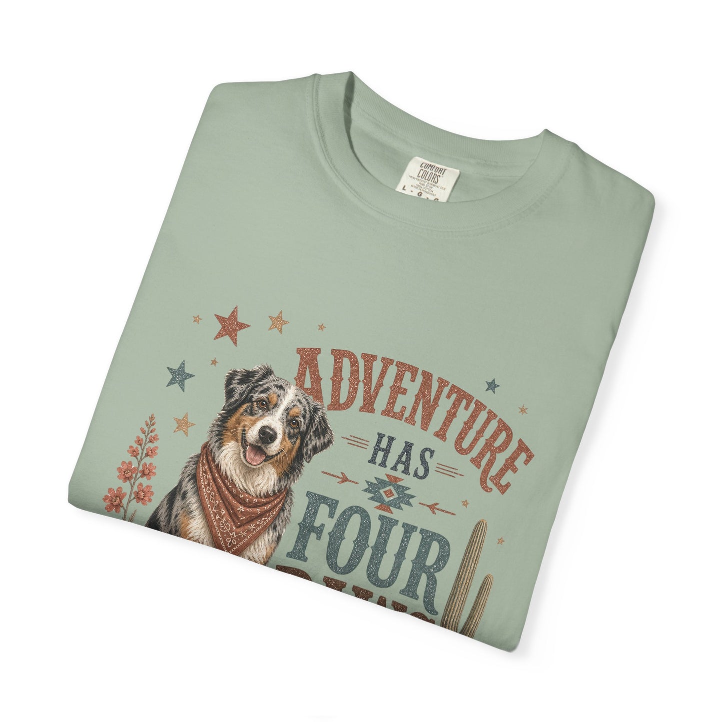Adventure Has Four Paws T-Shirt | Australian Shepherd Design