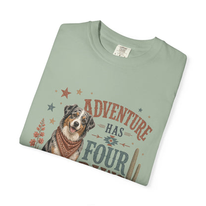 Adventure Has Four Paws T-Shirt | Australian Shepherd Design